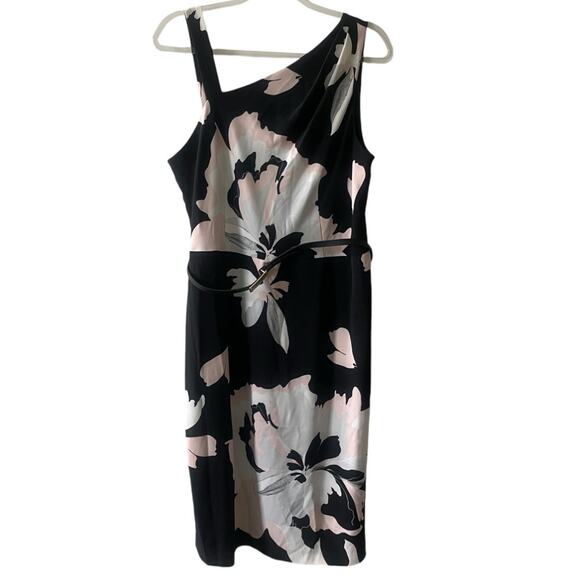 Jones New York Floral Asymmetrical Sleeveless Belted Mid Calf Dress Black 14 - Picture 10 of 10